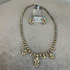 Sherman aurora borealis Crystal rhinestone screw back earring necklace set